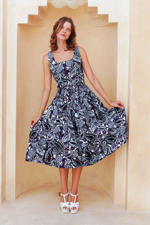 Florance Dress U Neck Sleeveless Midi Length Cotton Stretch (Cachemire Paisley White)