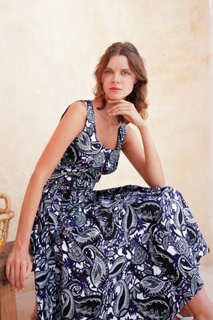 Florance Dress U Neck Sleeveless Midi Length Cotton Stretch (Cachemire Paisley White)