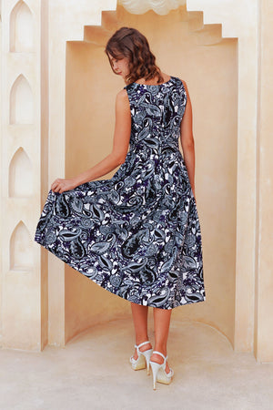 Florance Dress U Neck Sleeveless Midi Length Cotton Stretch (Cachemire Paisley White)