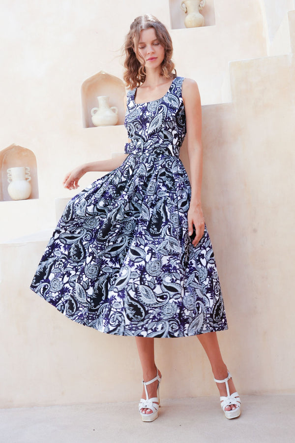 Florance Dress U Neck Sleeveless Midi Length Cotton Stretch (Cachemire Paisley White)