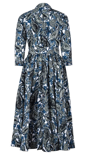 Terry Dress Shirt Collar 3/4 Sleeve Midi Plus Length Silk Taffta (Cachemire Paisley White)