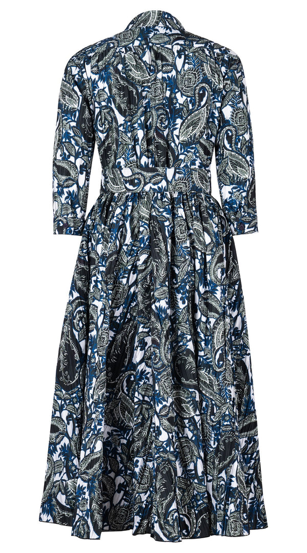 Terry Dress Shirt Collar 3/4 Sleeve Midi Plus Length Silk Taffta (Cachemire Paisley White)