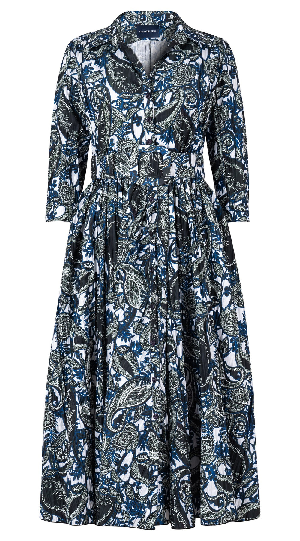 Terry Dress Shirt Collar 3/4 Sleeve Midi Plus Length Silk Taffta (Cachemire Paisley White)