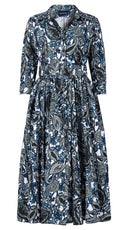 Terry Dress Shirt Collar 3/4 Sleeve Midi Plus Length Silk Taffta (Cachemire Paisley White)