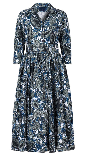 Terry Dress Shirt Collar 3/4 Sleeve Midi Plus Length Silk Taffta (Cachemire Paisley White)