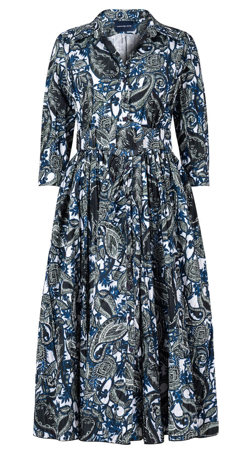 Terry Dress Shirt Collar 3/4 Sleeve Midi Plus Length Silk Taffta (Cachemire Paisley White)