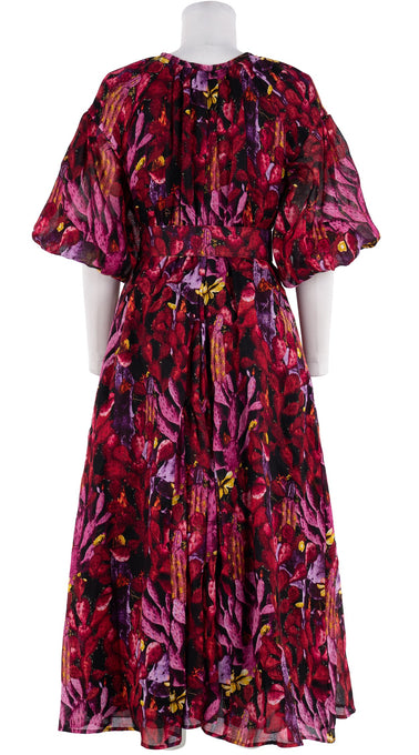 Nina Dress Crew Neck 3/4 Puff Sleeve Maxi Length Linen (Cactus Paradise Bright)