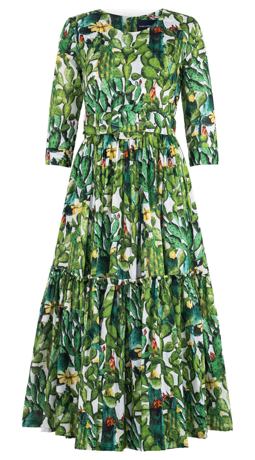 Melanie Dress Crew Neck 3/4 Sleeve Midi Plus Length Musola (Cactus Paradise) @5