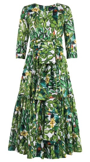 Melanie Dress Crew Neck 3/4 Sleeve Midi Plus Length Musola (Cactus Paradise) @5