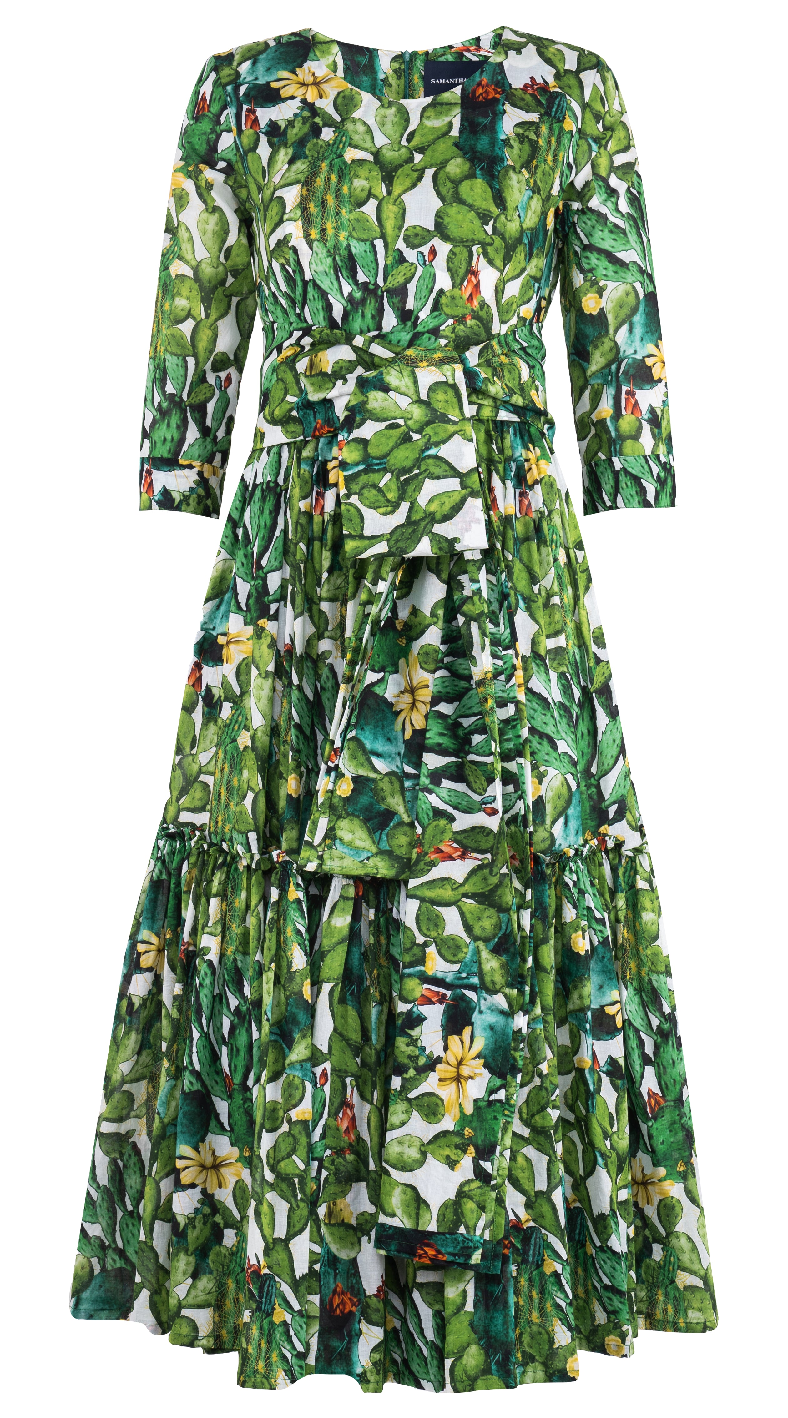 Melanie Dress Crew Neck 3/4 Sleeve Midi Plus Length Musola (Cactus Paradise) @5