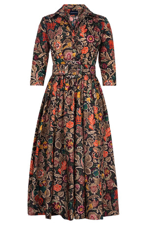 Terry Dress Shirt Collar 3/4 Sleeve Midi Plus Length Poliamide Taffta (Cambodian Batik)