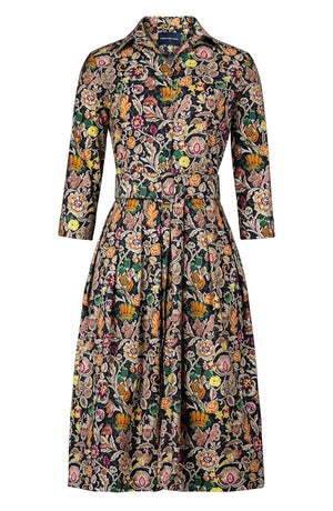 Audrey Dress #1 Shirt Collar 3/4 Sleeve Long Length Cotton Stretch (Cambodian Batik)