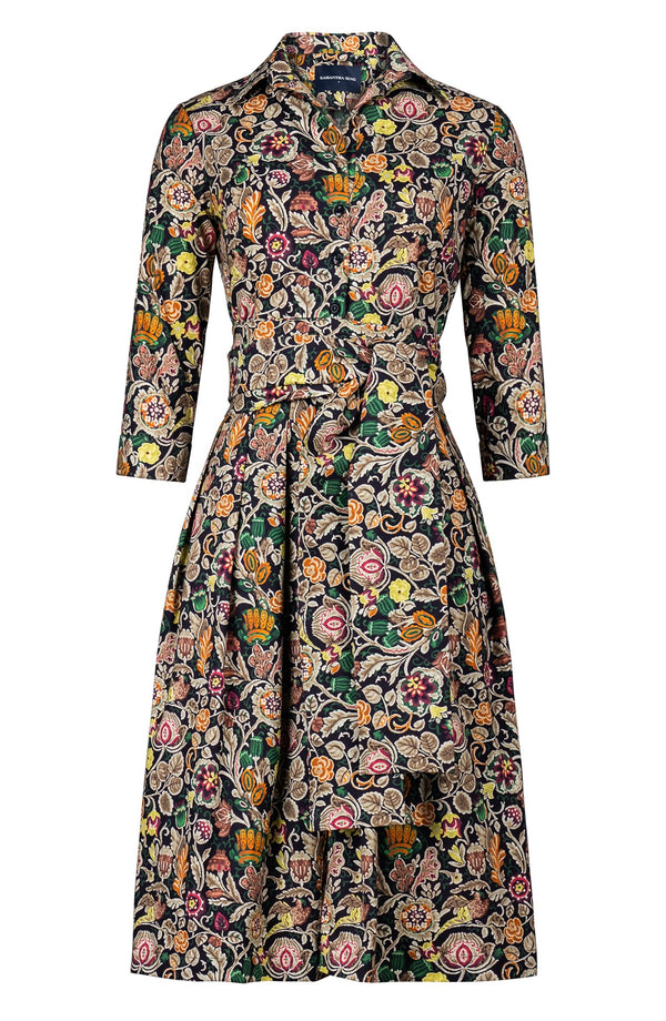 Audrey Dress #1 Shirt Collar 3/4 Sleeve Long Length Cotton Stretch (Cambodian Batik)