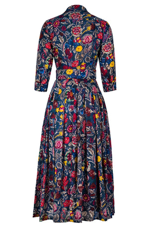 Audrey Dress #4 Shirt Collar 3/4 Sleeve Midi Plus Length Wool (Cambodian Batik) - Deep Blue