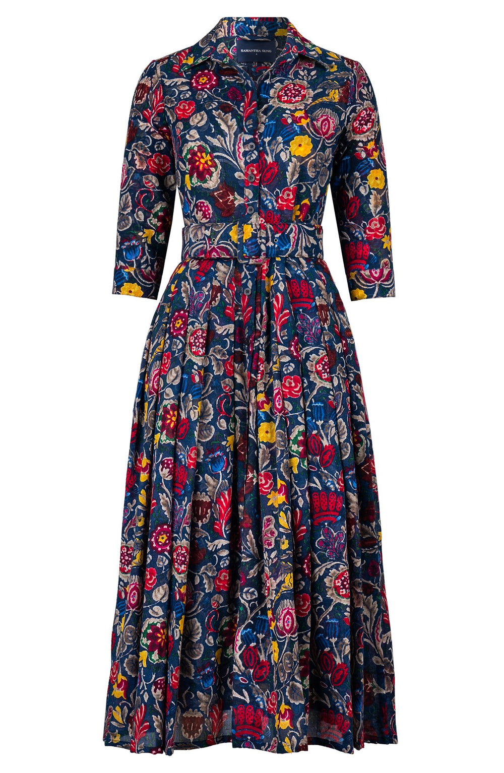 Audrey Dress #4 Shirt Collar 3/4 Sleeve Midi Plus Length Wool (Cambodian Batik) - Deep Blue