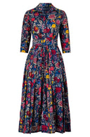 Audrey Dress #4 Shirt Collar 3/4 Sleeve Midi Plus Length Wool (Cambodian Batik) - Deep Blue