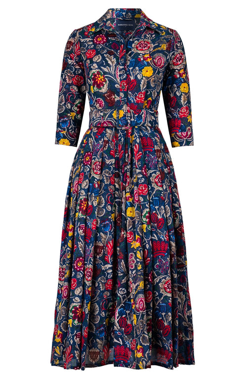 Audrey Dress #4 Shirt Collar 3/4 Sleeve Midi Plus Length Wool (Cambodian Batik) - Deep Blue