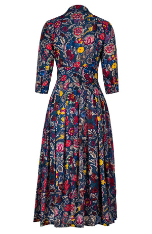Audrey Dress #4 Shirt Collar 3/4 Sleeve Midi Plus Length Wool (Cambodian Batik) - Deep Blue