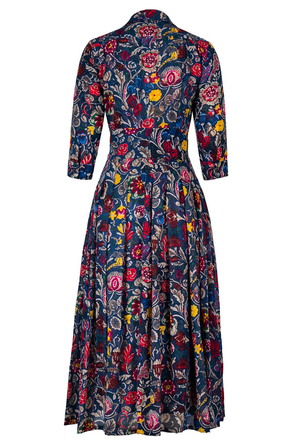 Audrey Dress #4 Shirt Collar 3/4 Sleeve Midi Plus Length Wool (Cambodian Batik) - Deep Blue