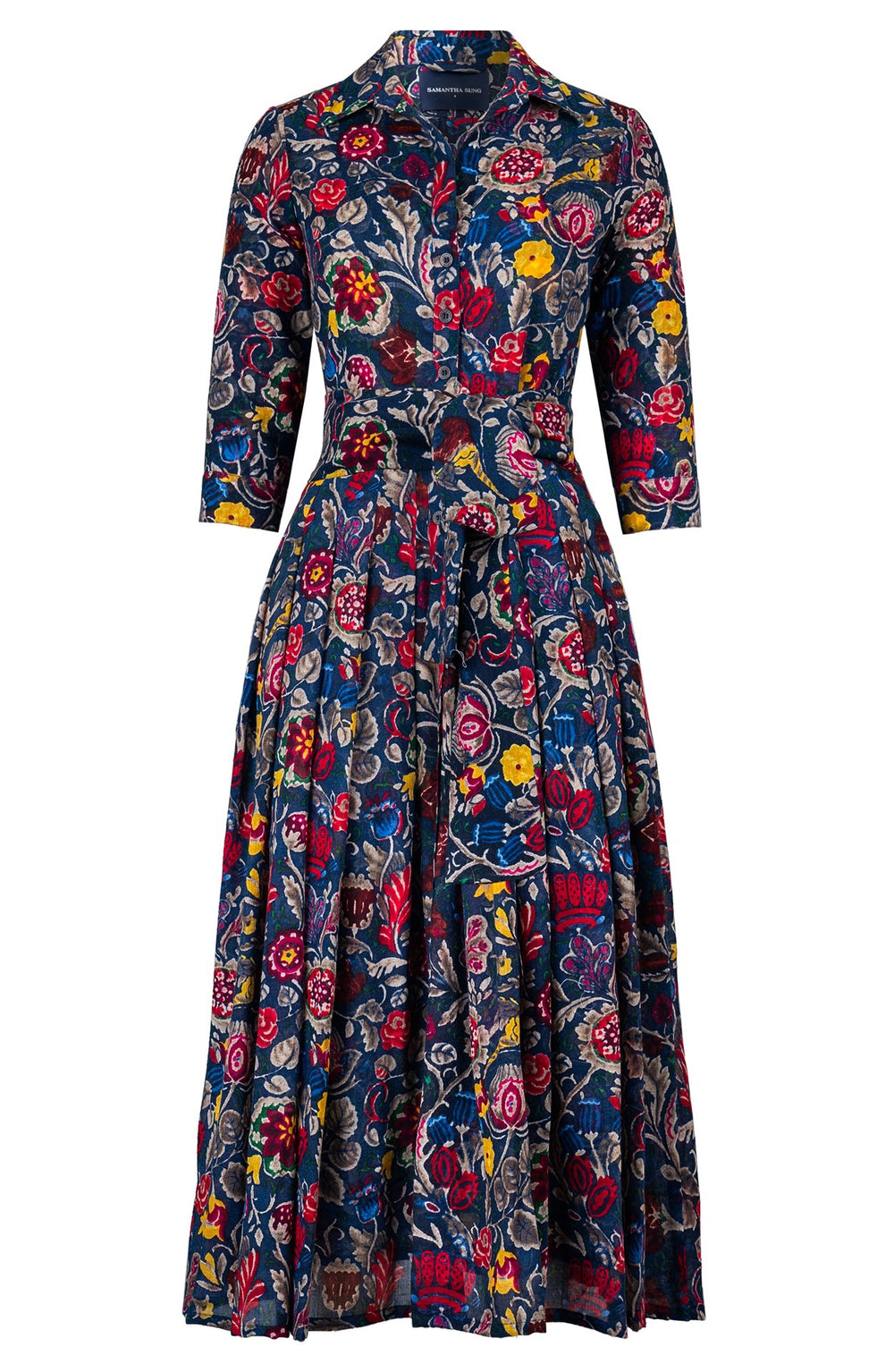 Audrey Dress #4 Shirt Collar 3/4 Sleeve Midi Plus Length Wool (Cambodian Batik) - Deep Blue