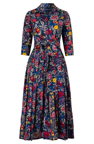 Audrey Dress #4 Shirt Collar 3/4 Sleeve Midi Plus Length Wool (Cambodian Batik) - Deep Blue