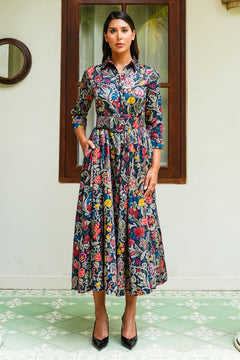 Sabrina Dress Shirt Collar 3/4 Sleeve Midi Plus Length Poliamide Taffta (Cambodian Batik)