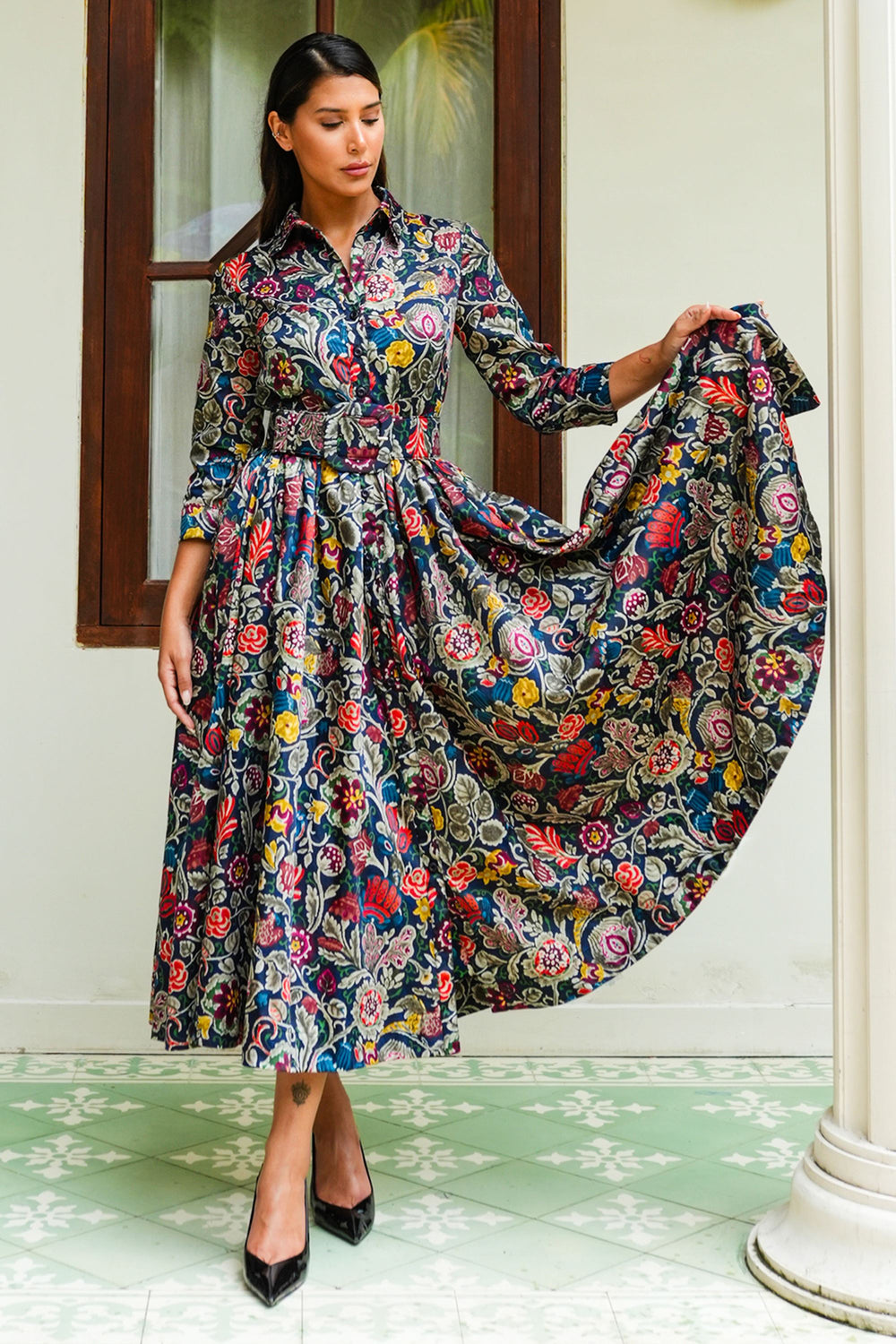 Sabrina Dress Shirt Collar 3/4 Sleeve Midi Plus Length Poliamide Taffta (Cambodian Batik)