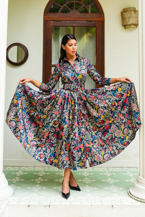 Sabrina Dress Shirt Collar 3/4 Sleeve Midi Plus Length Poliamide Taffta (Cambodian Batik)