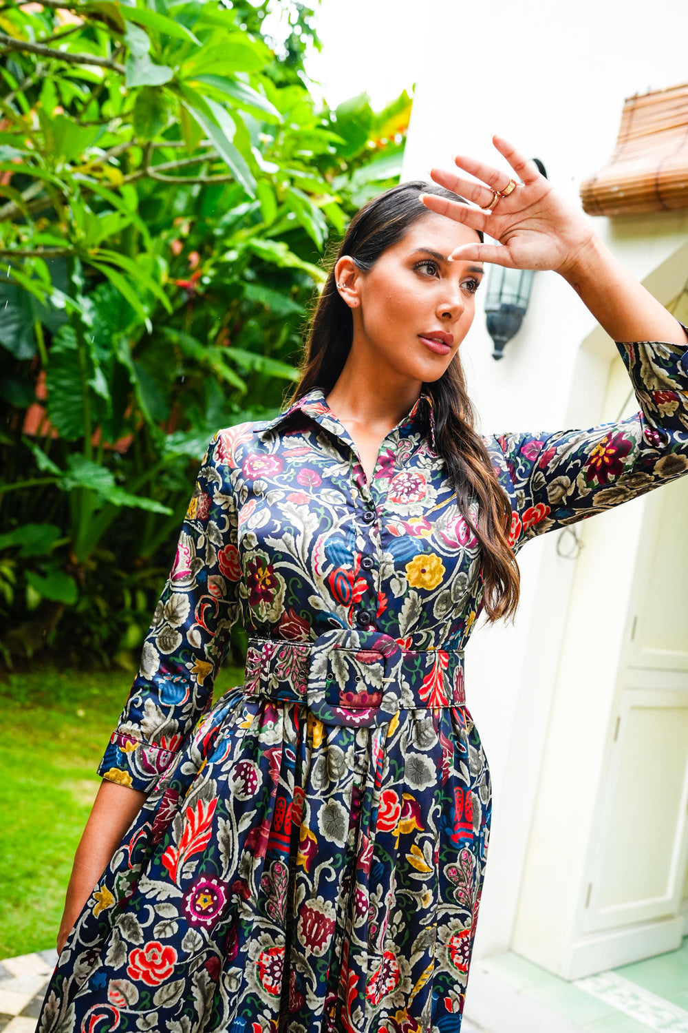 Sabrina Dress Shirt Collar 3/4 Sleeve Midi Plus Length Poliamide Taffta (Cambodian Batik)