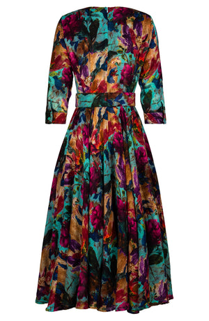 Aster Dress Crew Neck 3/4 Sleeve Midi Plus Length Wool Musola (Camella Flower) - Dusty Aqua Rapsberry