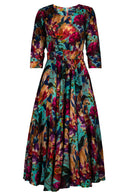 Aster Dress Crew Neck 3/4 Sleeve Midi Plus Length Wool Musola (Camella Flower) - Dusty Aqua Rapsberry