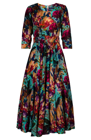 Aster Dress Crew Neck 3/4 Sleeve Midi Plus Length Wool Musola (Camella Flower) - Dusty Aqua Rapsberry