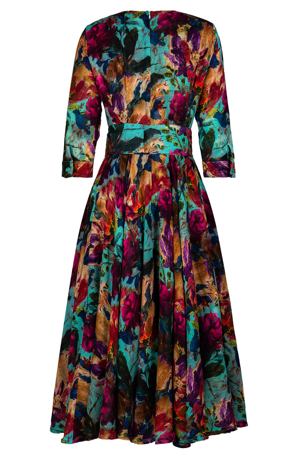 Aster Dress Crew Neck 3/4 Sleeve Midi Plus Length Wool Musola (Camella Flower) - Dusty Aqua Rapsberry