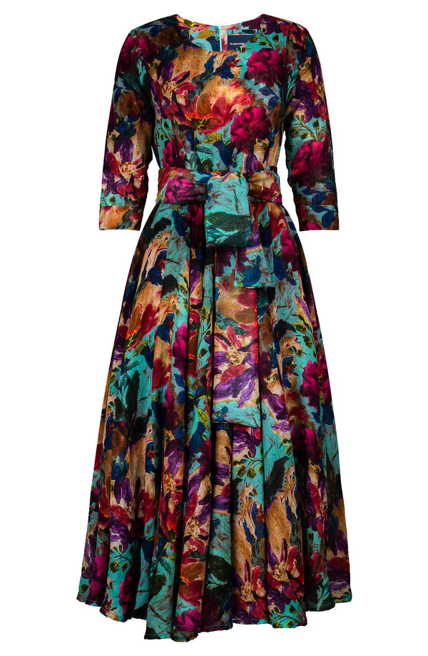Aster Dress Crew Neck 3/4 Sleeve Midi Plus Length Wool Musola (Camella Flower) - Dusty Aqua Rapsberry