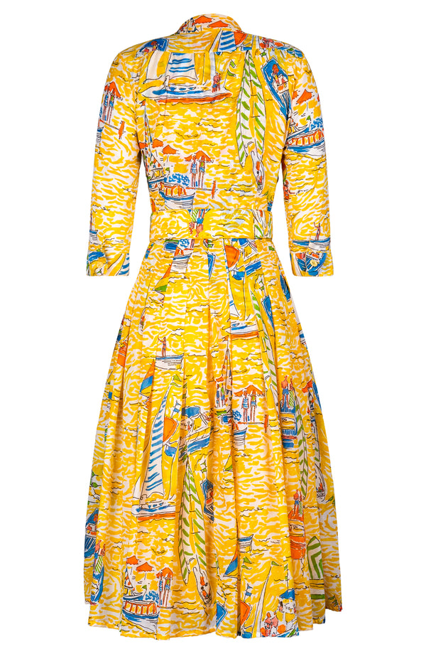 Audrey Dress #4 Shirt Collar 3/4 Sleeve Midi Length Cotton Musola (Capri Yacht)