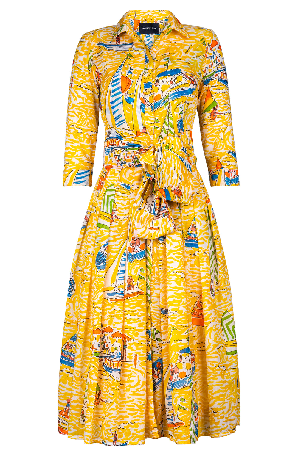Audrey Dress #4 Shirt Collar 3/4 Sleeve Midi Length Cotton Muola (Capri Yacht)