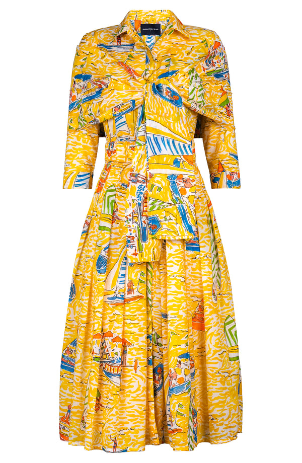 Audrey Dress #4 Shirt Collar 3/4 Sleeve Midi Length Cotton Musola (Capri Yacht)