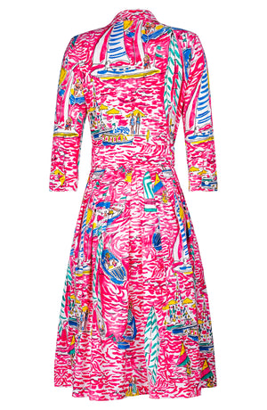 Audrey Dress #1 Shirt Collar 3/4 Sleeve Long Length Cotton Stretch (Capri Yacht)
