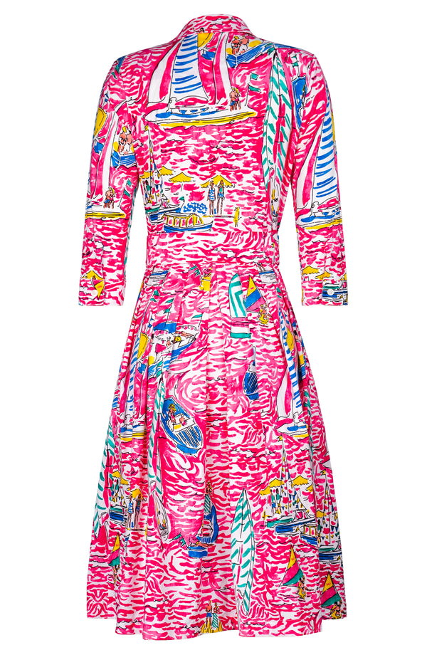 Audrey Dress #1 Shirt Collar 3/4 Sleeve Long Length Cotton Stretch (Capri Yacht)