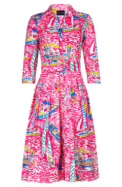 Audrey Dress #1 Shirt Collar 3/4 Sleeve Long Length Cotton Stretch (Capri Yacht)