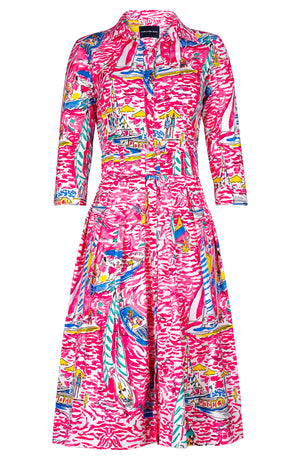 Audrey Dress #1 Shirt Collar 3/4 Sleeve Long Length Cotton Stretch (Capri Yacht)