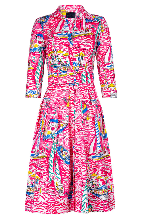 Audrey Dress #1 Shirt Collar 3/4 Sleeve Long Length Cotton Stretch (Capri Yacht)