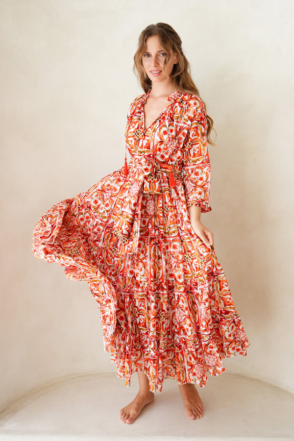 Eva Dress Crew Neck 3/4 Sleeve Maxi Length Cotton Musola (Caribbean Tile)