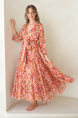 Eva Dress Crew Neck 3/4 Sleeve Maxi Length Cotton Musola (Caribbean Tile)
