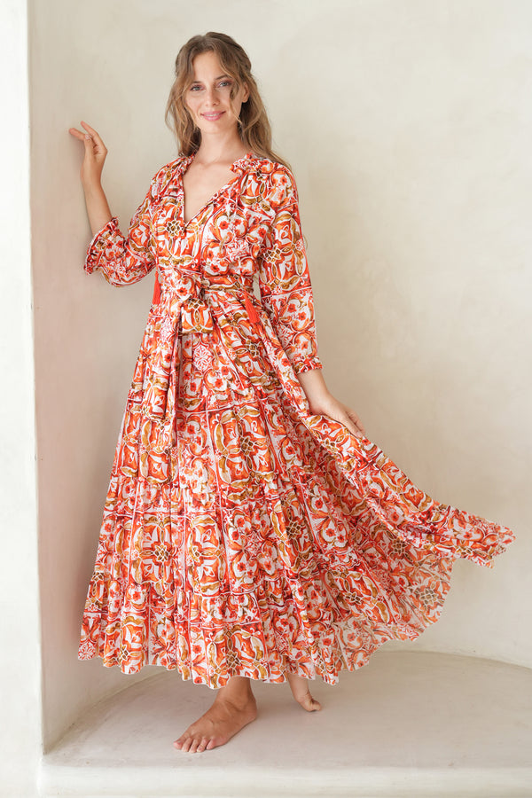 Eva Dress Crew Neck 3/4 Sleeve Maxi Length Cotton Musola (Caribbean Tile)