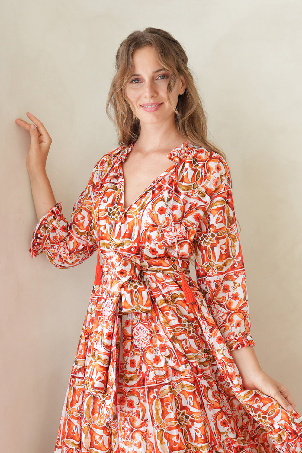 Eva Dress Crew Neck 3/4 Sleeve Maxi Length Cotton Musola (Caribbean Tile)