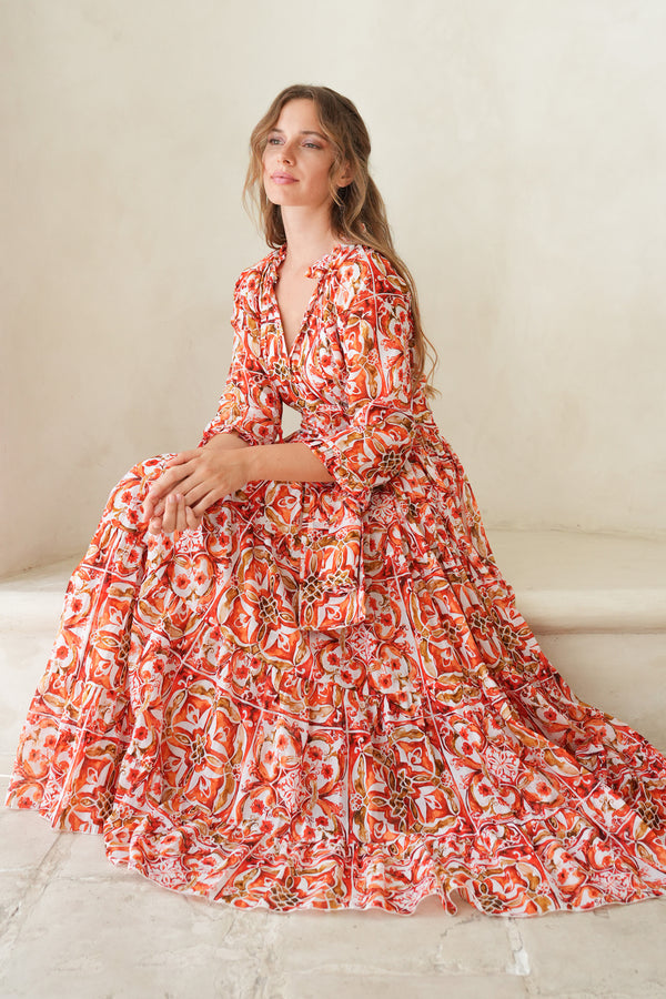 Eva Dress Crew Neck 3/4 Sleeve Maxi Length Cotton Musola (Caribbean Tile)