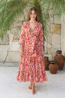 Eva Dress Crew Neck 3/4 Sleeve Maxi Length Cotton Musola (Caribbean Tile)