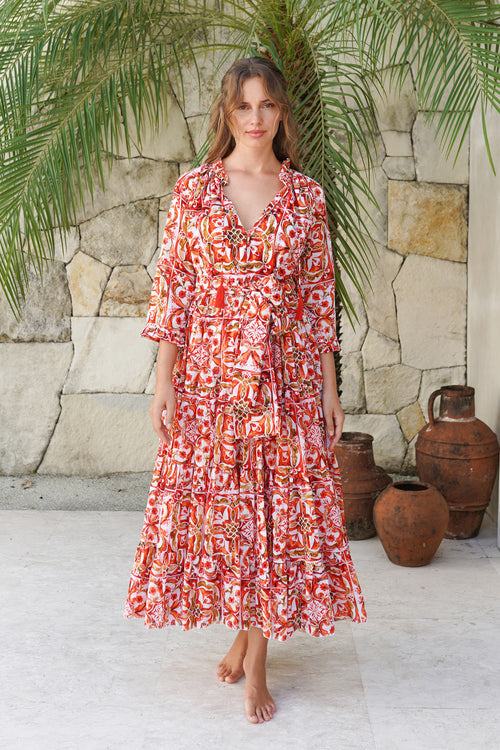 Eva Dress Crew Neck 3/4 Sleeve Maxi Length Cotton Musola (Caribbean Tile)