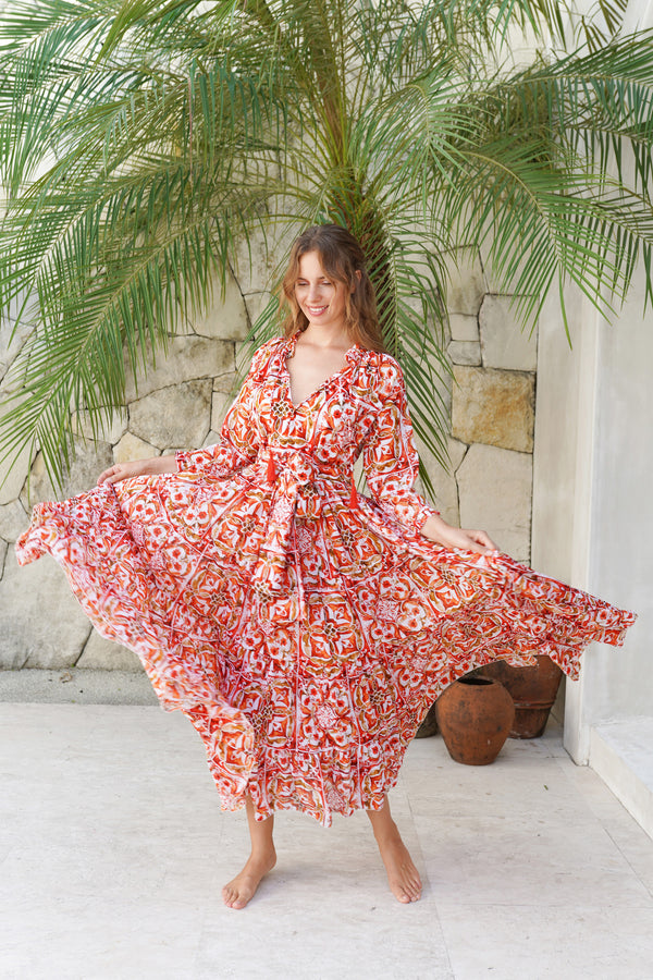Eva Dress Crew Neck 3/4 Sleeve Maxi Length Cotton Musola (Caribbean Tile)